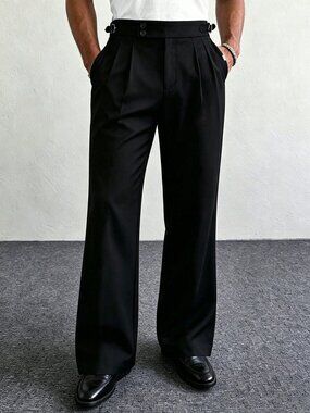 Black Casual Men's Loose Fit Long Plain Bell-Bottom Dress Pants